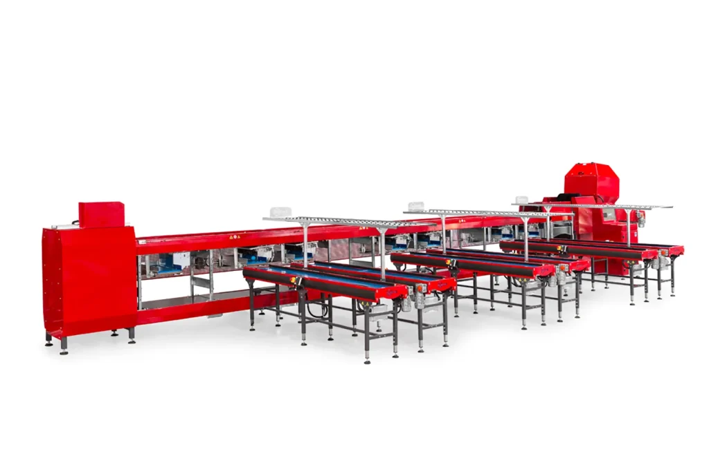 Large, red industrial sorting and conveying machine with multiple conveyor belts and metal frames, designed to process and organize items in a warehouse or factory, isolated on a white background.