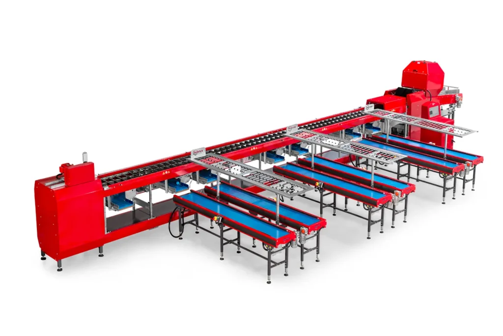 Eine große, rot-blaue, automatische Sortiermaschine mit mehreren Sortierbehältern und Förderbändern, die zur Handhabung und Organisation von Produkten in einer industriellen Umgebung entwickelt wurde.