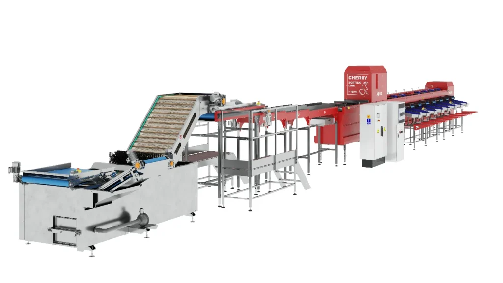 Una máquina de clasificación y envasado de cerezas con cintas transportadoras, bandejas de clasificación, una sección de lavado y una unidad de control roja, diseñada para el procesamiento y envasado automatizados de cerezas.