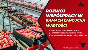 Rzędy czerwonych jabłek przesuwają się wzdłuż przenośników taśmowych w sortowni. Po prawej stronie tekst w języku polskim promujący program współpracy w ramach łańcucha dostaw dla firm, zawierający szczegółowe informacje na temat rekrutacji, finansowania i kwalifikowalności.