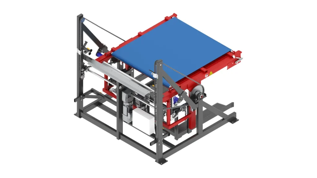 Rendering 3D maszyny przemysłowej z niebieską prostokątną platformą, czerwoną ramą i szarymi metalowymi wspornikami, zawierającymi koła zębate, rolki i elementy mechaniczne, odizolowane na białym tle.