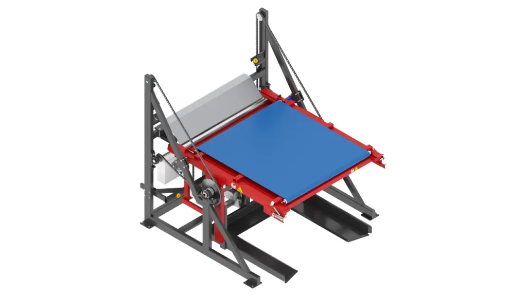 Rendering 3D przemysłowego systemu przenośników taśmowych z niebieską taśmą, czerwoną ramą, czarnymi metalowymi wspornikami i elementami mechanicznymi, odizolowanymi na białym tle.