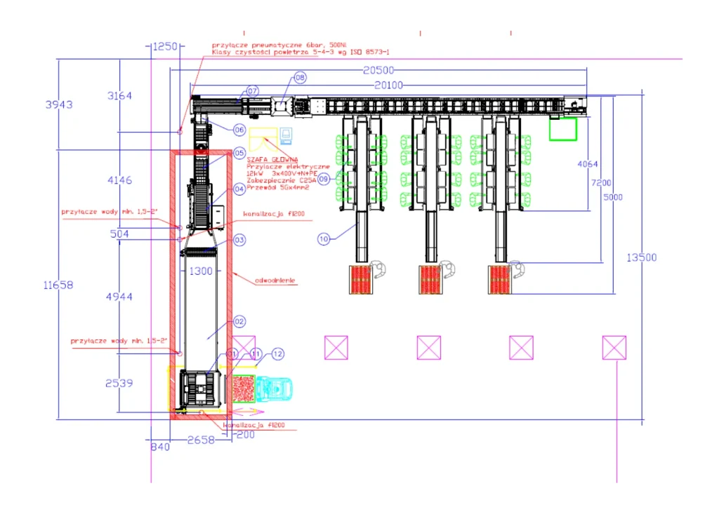 Techniczny plan piętra budynku z oznaczonymi wymiarami, wyposażeniem, miejscami parkingowymi, symbolami elektrycznymi i hydraulicznymi oraz adnotacjami w języku polskim. Układ jest szczegółowy z różnymi kolorowymi liniami i pomiarami.