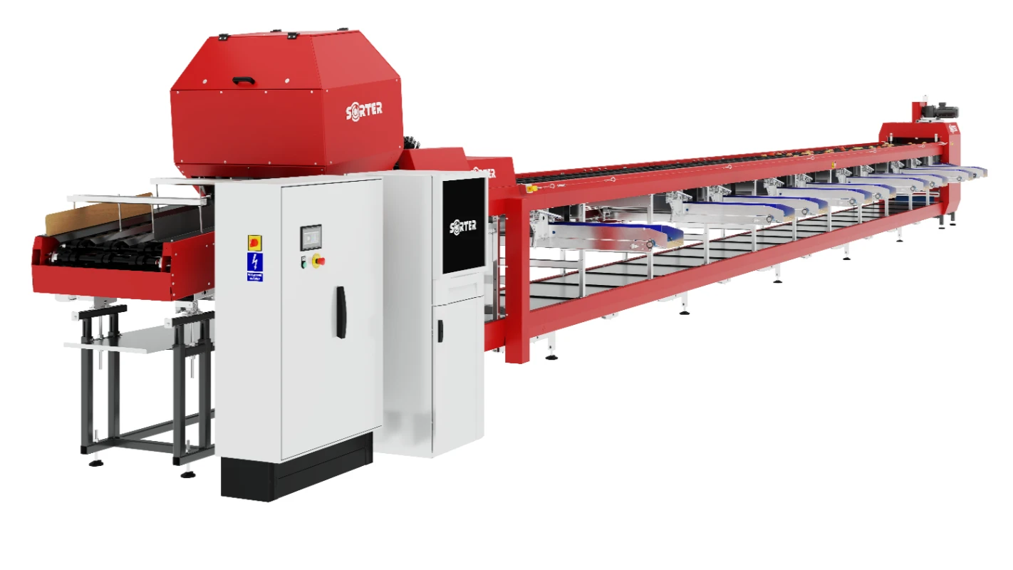 Duża, czerwona przemysłowa maszyna sortująca z systemem przenośników, panelami sterowania i wieloma sekcjami do sortowania przedmiotów, wyświetlana na białym tle.