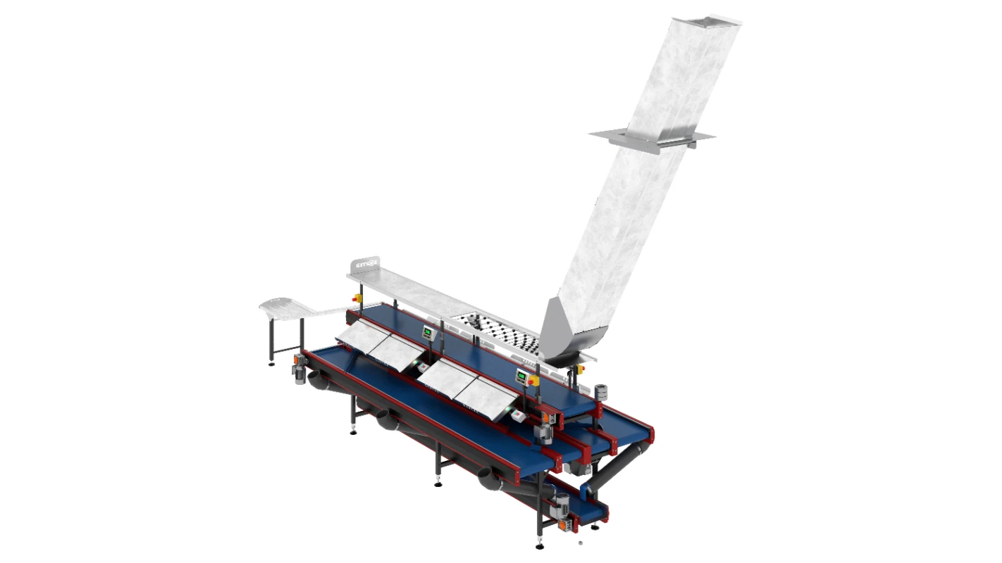 Nowoczesny przenośnik przemysłowy z metalową rynną, pochylonymi powierzchniami, panelami sterowania i taśmami do automatycznego sortowania lub przetwarzania, odizolowany na białym tle.