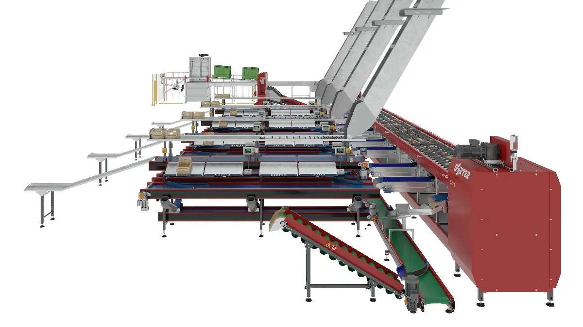 Eine große Industriemaschine mit roten und silbernen Elementen, Förderbändern, Bedienfeldern und verschiedenen angeschlossenen Geräten, die für die automatisierte Materialverarbeitung in einer Fabrikumgebung konzipiert ist.