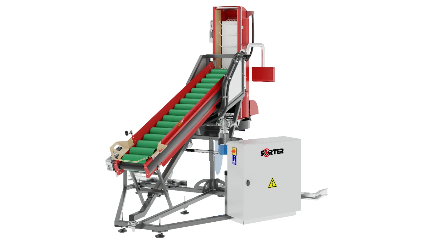 Czerwono-zielona przemysłowa maszyna sortująca z przenośnikiem taśmowym, metalową ramą, panelem sterowania i różnymi komponentami używanymi do automatycznego sortowania w procesach produkcji lub pakowania.