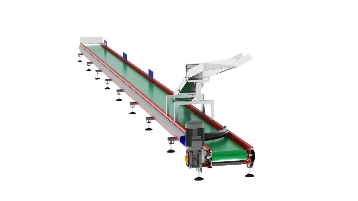 Długi zielony przenośnik taśmowy z czerwonymi bokami, kilka przyssawek pod spodem i białe ramię robota powyżej, umieszczone nad taśmą, prawdopodobnie do sortowania lub automatyzacji montażu.