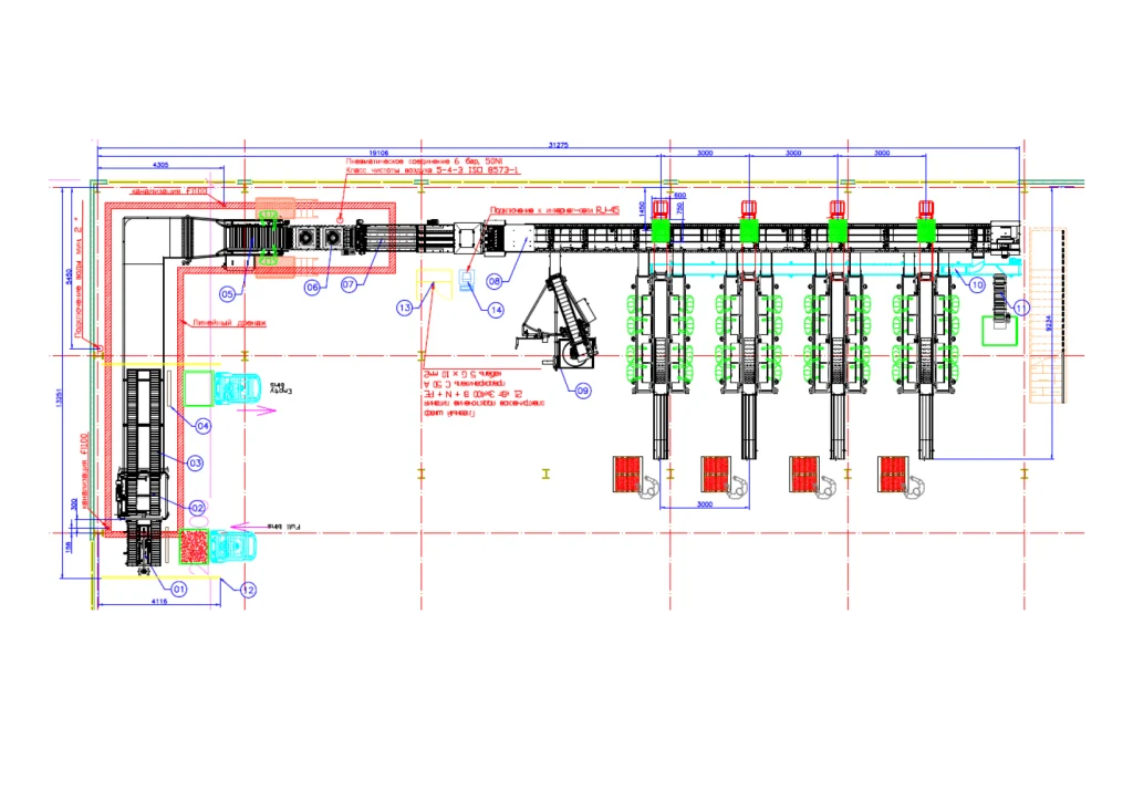 Techniczny plan piętra obiektu przemysłowego przedstawia przenośniki taśmowe, maszyny, stanowiska pracy i oznaczone pomiary. Sprzęt i ścieżki są oznaczone różnymi kolorami, z adnotacjami i symbolami wskazującymi różne funkcje.
