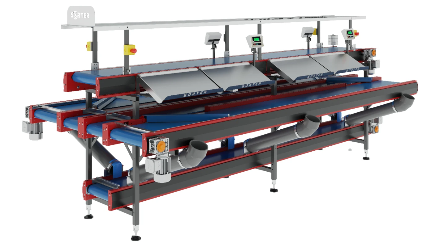 Nowoczesna przemysłowa maszyna sortująca z przenośnikami taśmowymi, cyfrowymi panelami sterowania i wieloma zsypami do sortowania przedmiotów, głównie w kolorach niebieskim, czerwonym i szarym.