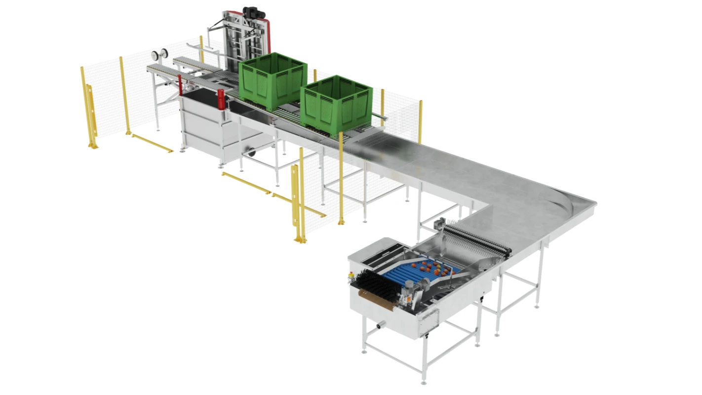 System przenośnika taśmowego z dwoma zielonymi pojemnikami do przechowywania, metalową ramą, barierami ochronnymi i maszynami do automatycznego sortowania lub pakowania w warunkach przemysłowych.