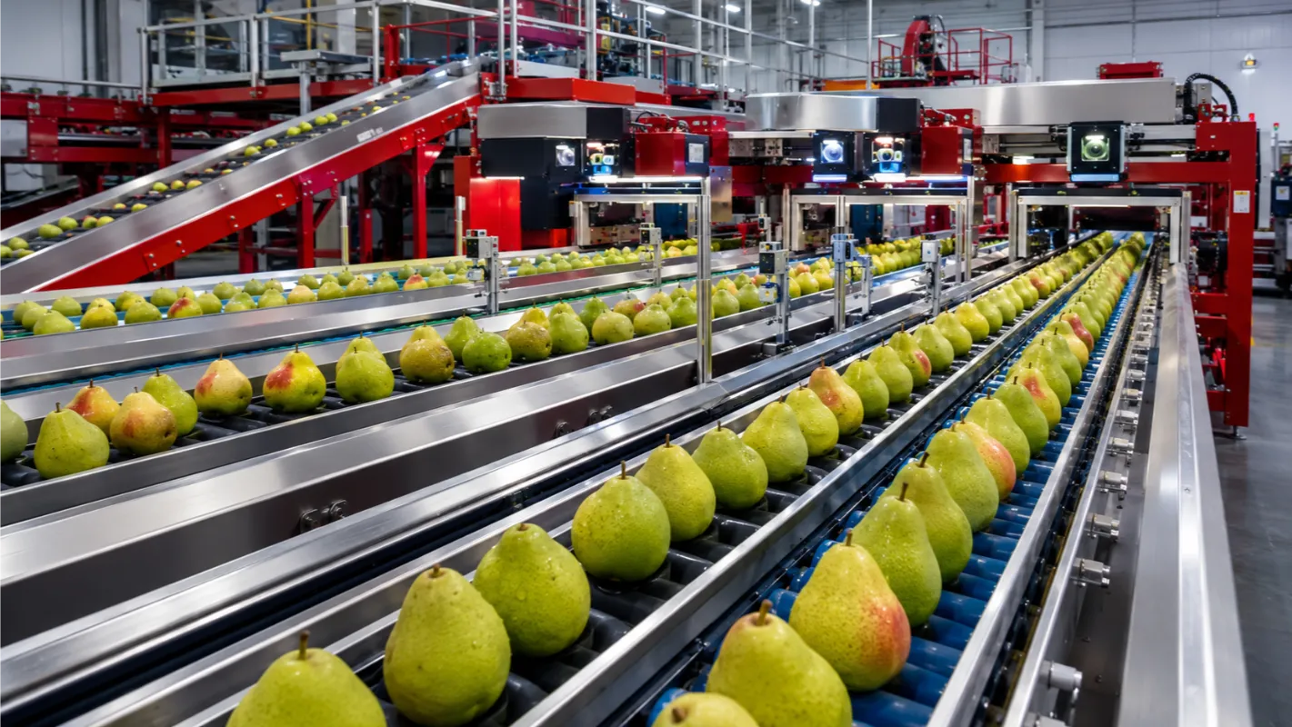 Dans une usine de transformation de fruits moderne et lumineuse, des rangées de poires défilent sur plusieurs tapis roulants, tandis qu'en arrière-plan, des machines de tri de poires et des équipements rouges fonctionnent efficacement.