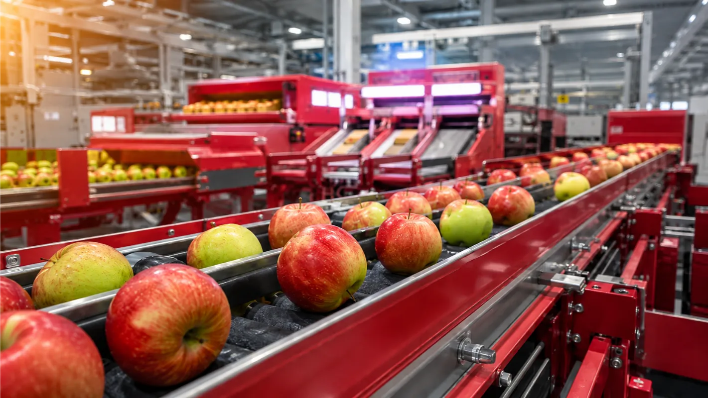 Red and green apples move along a conveyor belt in a modern factory with red machinery and bright lighting, where an apple sorting machine efficiently operates fruit sorting and packaging equipment in the background.