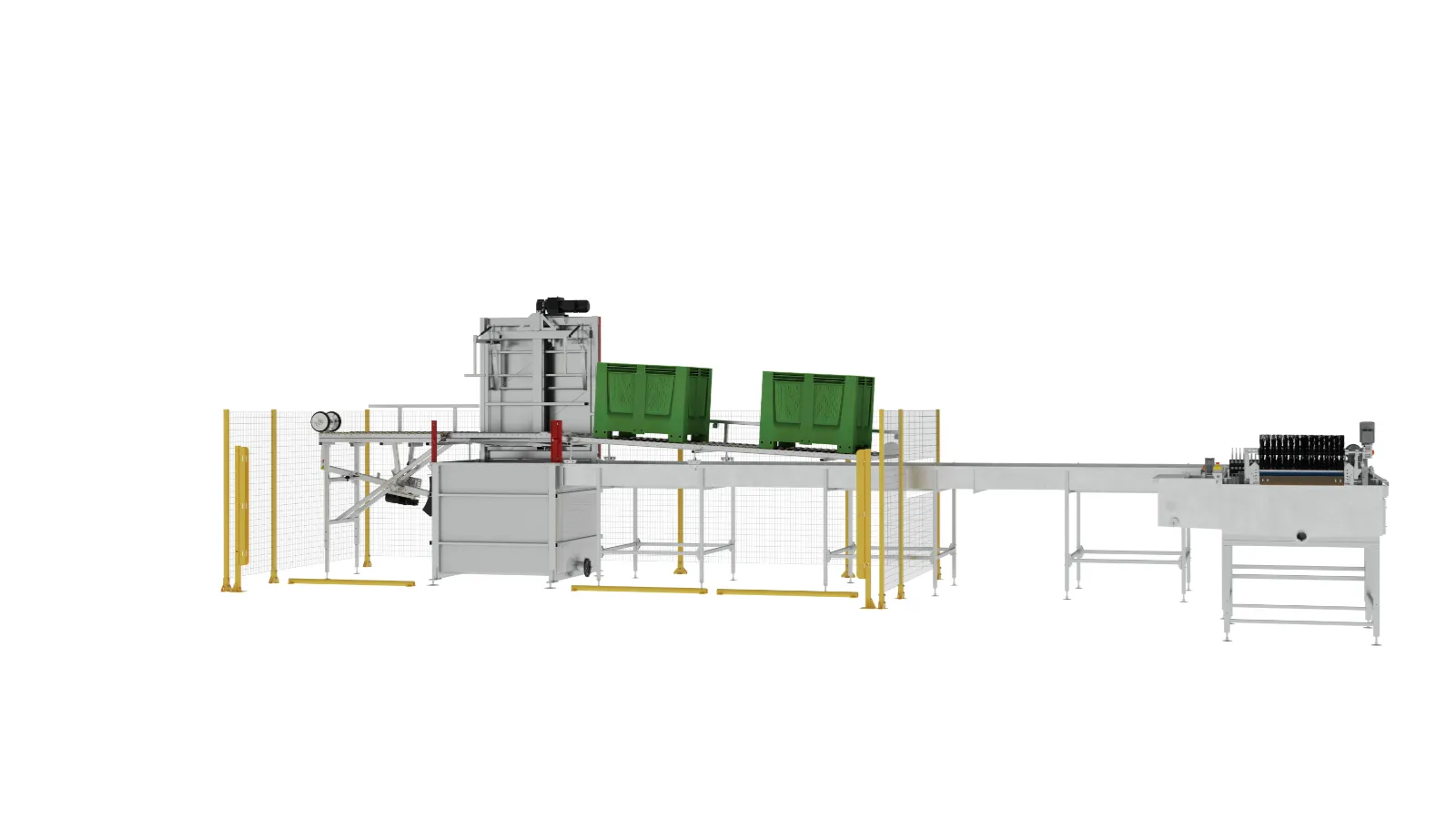 A large industrial machine equipped with two green containers, a metal supporting structure, safety barriers and a belt conveyor system, designed for automated material transport in factory environments.