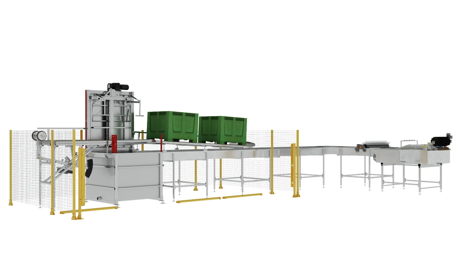 An industrial conveyor system with a metal support structure, safety barriers, and three large green storage bins placed on a platform. Machinery and equipment are arranged along the conveyor line. The background is white.